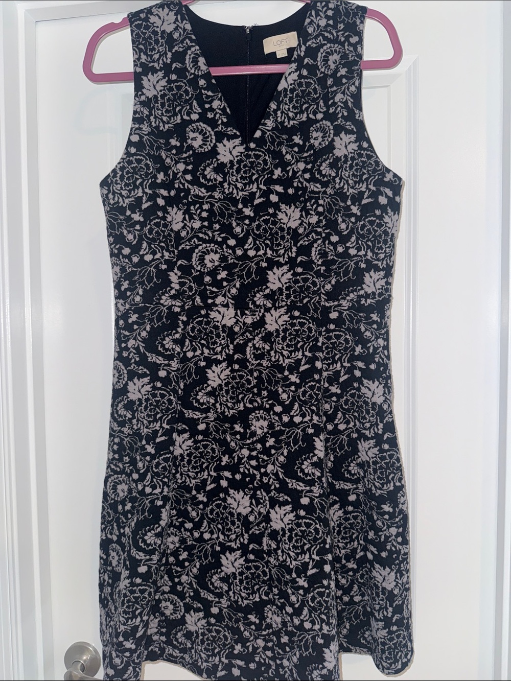 LOFT Black and Grey Floral V-Neck Sheath Dress